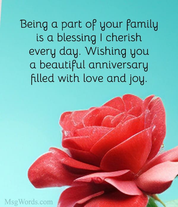 Being a part of your family is a blessing I cherish every day. Wishing you a beautiful anniversary filled with love and joy.