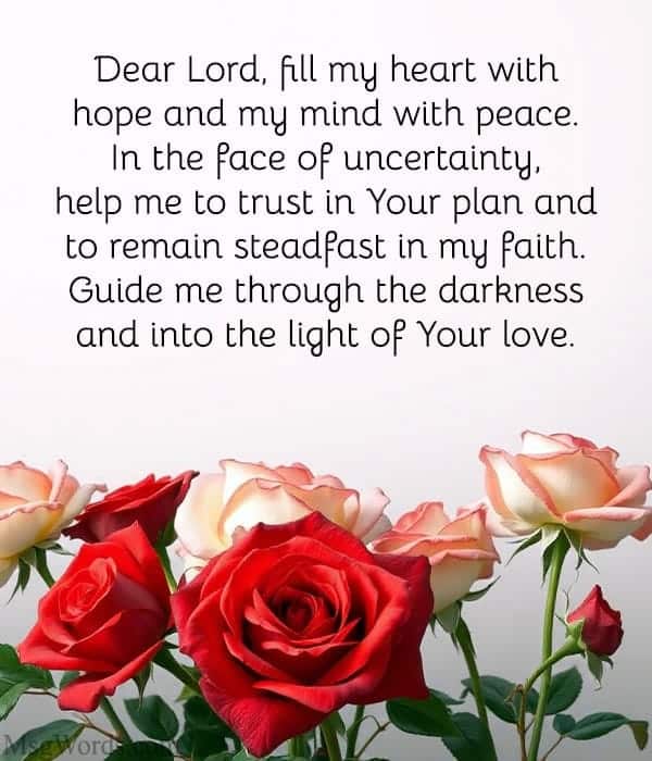 Dear Lord, fill my heart with hope and my mind with peace. In the face of uncertainty, help me to trust in Your plan and to remain steadfast in my faith. Guide me through the darkness and into the light of Your love.