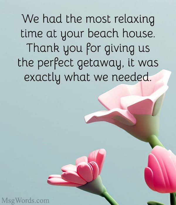 We had the most relaxing time at your house. Thank you for giving us the perfect getaway; it was exactly what we needed.