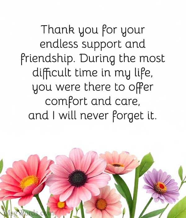 Thank you for your endless support and friendship. During the most difficult time in my life, you were there to offer comfort and care, and I will never forget it.