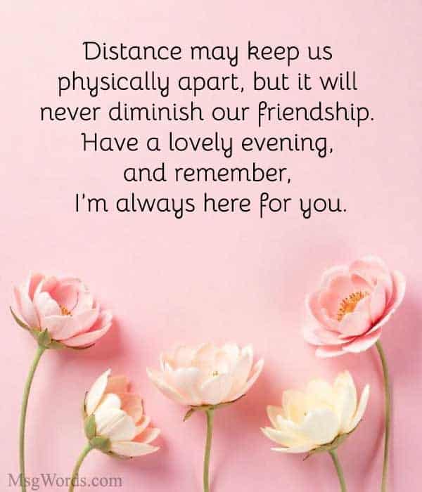 Distance may keep us physically apart, but it will never diminish our friendship. Have a lovely evening, and remember, I’m always here for you.
