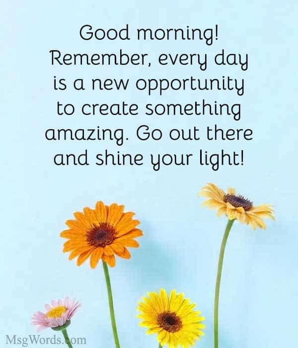 Good morning! Remember, every day is a new opportunity to create something amazing. Go out there and shine your light!