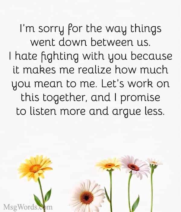 I’m sorry for the way things went down between us. I hate fighting with you because it makes me realize how much you mean to me. Let’s work on this together, and I promise to listen more and argue less.