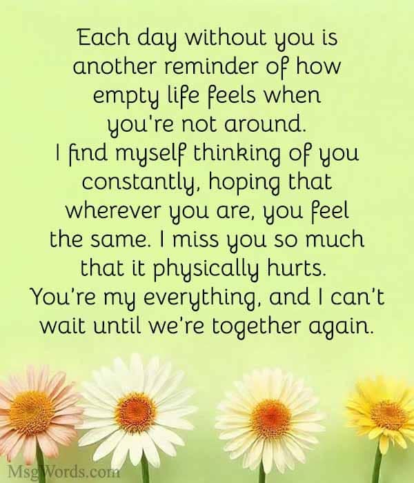 Each day without you is another reminder of how empty life feels when you're not around. I find myself thinking of you constantly, hoping that wherever you are, you feel the same. I miss you so much that it physically hurts. You’re my everything, and I can’t wait until we’re together again.