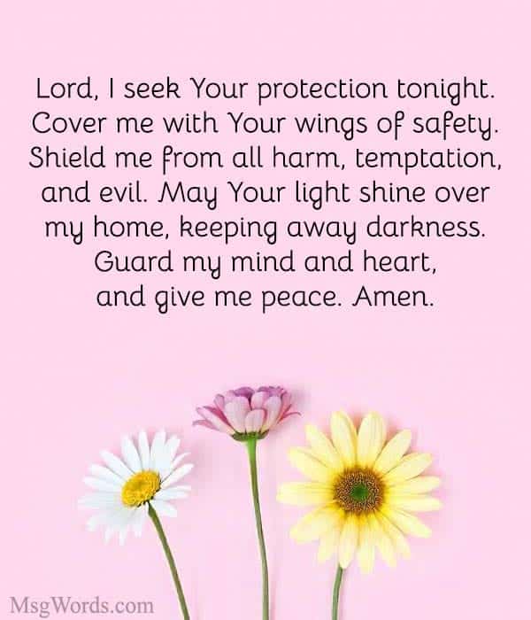 Lord, I seek Your protection tonight. Cover me with Your wings of safety. Shield me from all harm, temptation, and evil. May Your light shine over my home, keeping away darkness. Guard my mind and heart, and give me peace. Amen.