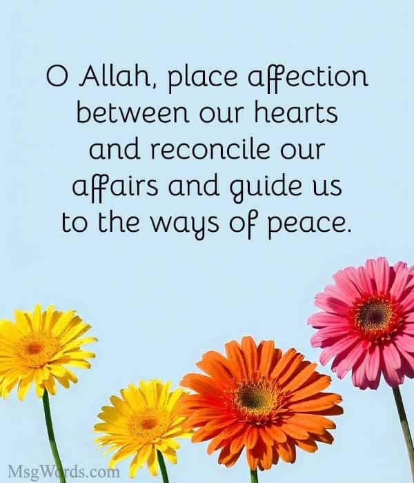 O Allah, place affection between our hearts and reconcile our affairs and guide us to the ways of peace.