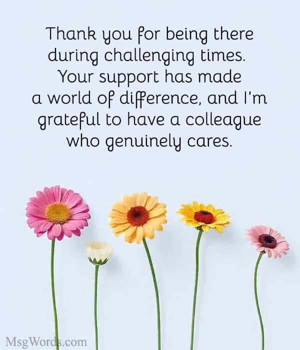 Thank you for being there during challenging times. Your support has made a world of difference, and I’m grateful to have a colleague who genuinely cares.