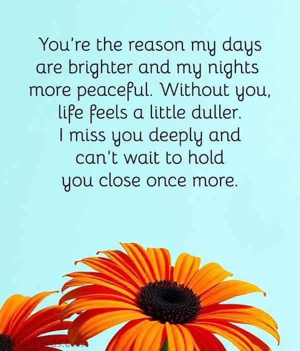 You’re the reason my days are brighter and my nights more peaceful. Without you, life feels a little duller. I miss you deeply and can’t wait to hold you close once more.