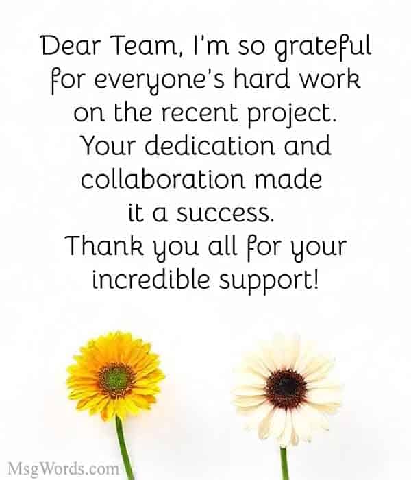 Dear Team, I’m so grateful for everyone’s hard work on the recent project. Your dedication and collaboration made it a success. Thank you all for your incredible support!
