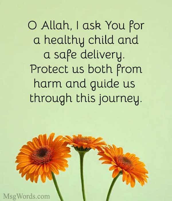 O Allah, I ask You for a healthy child and a safe delivery. Protect us both from harm and guide us through this journey.