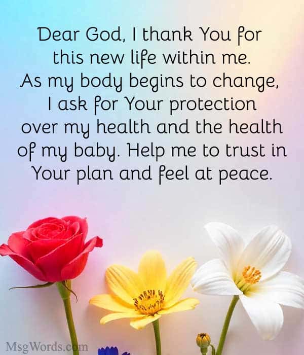 Dear God, I thank You for this new life within me. As my body begins to change, I ask for Your protection over my health and the health of my baby. Help me to trust in Your plan and feel at peace.
