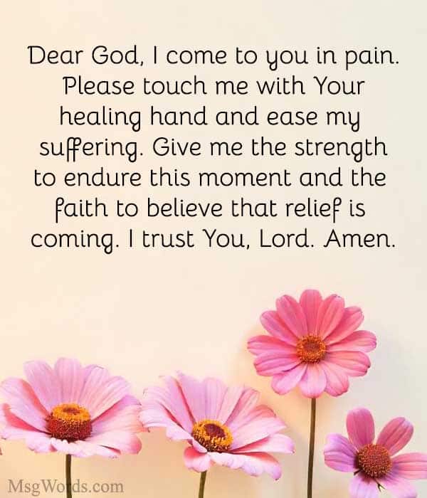 Dear God, I come to you in pain. Please touch me with Your healing hand and ease my suffering. Give me the strength to endure this moment and the faith to believe that relief is coming. I trust You, Lord. Amen.