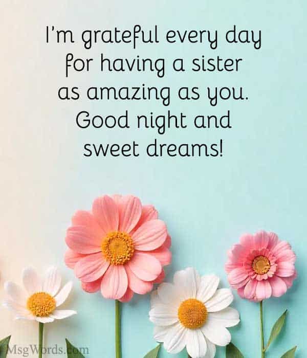 I’m grateful every day for having a sister as amazing as you. Good night and sweet dreams!