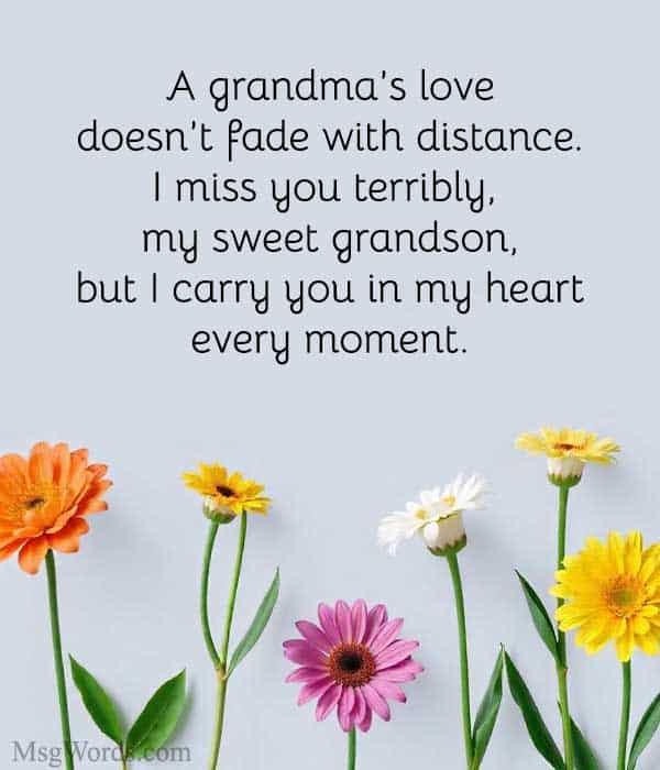 A grandma’s love doesn’t fade with distance. I miss you terribly, my sweet grandson, but I carry you in my heart every moment.