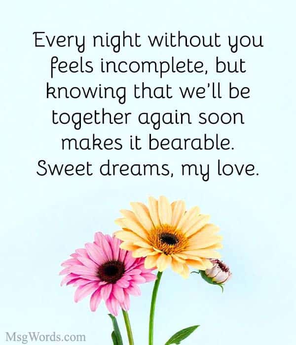 Every night without you feels incomplete, but knowing that we’ll be together again soon makes it bearable. Sweet dreams, my love.