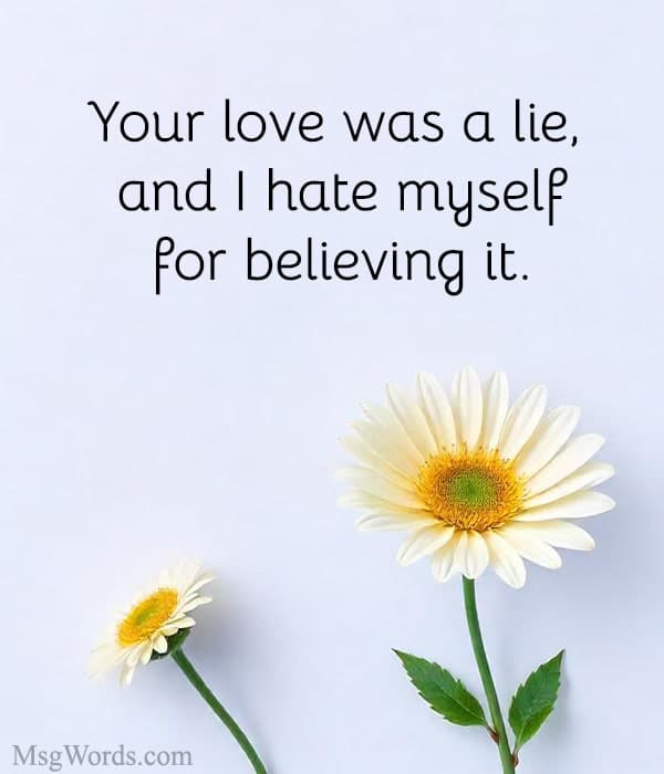 Your love was a lie, and I hate myself for believing it.