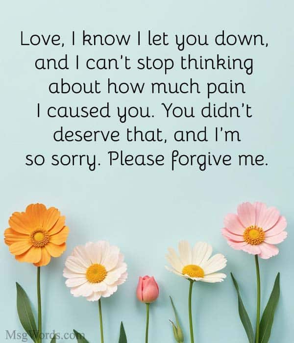 Love, I know I let you down, and I can’t stop thinking about how much pain I caused you. You didn’t deserve that, and I’m so sorry. Please forgive me.