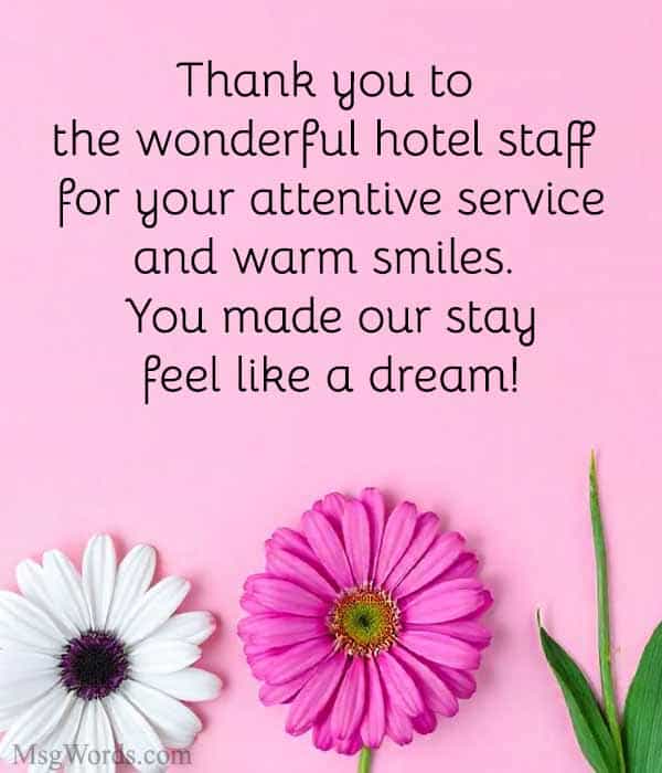 Thank you to the wonderful hotel staff for your attentive service and warm smiles. You made our stay feel like a dream!