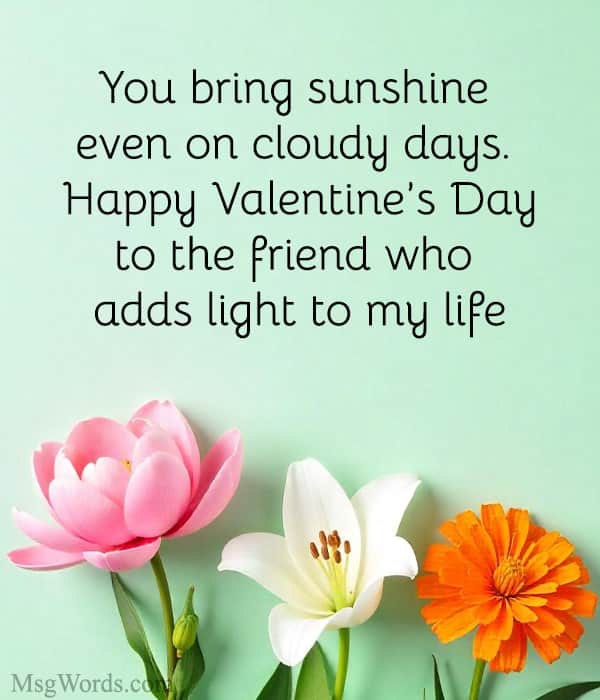 You bring sunshine even on cloudy days. Happy Valentine’s Day to the friend who adds light to my life.