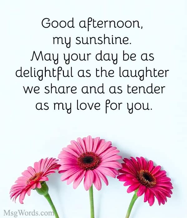 Good afternoon, my sunshine. May your day be as delightful as the laughter we share and as tender as my love for you.