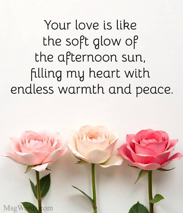 Your love is like the soft glow of the afternoon sun, filling my heart with endless warmth and peace.
