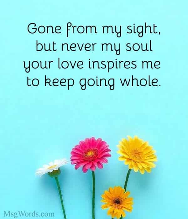 Gone from my sight, but never my soul; your love inspires me to keep going whole.