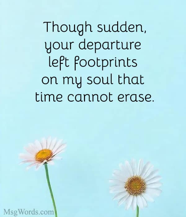 Though sudden, your departure left footprints on my soul that time cannot erase.