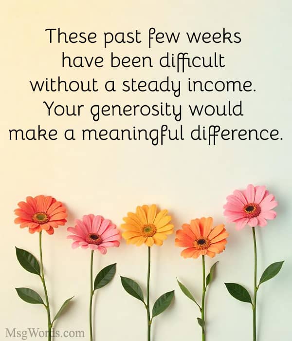 These past few weeks have been difficult without a steady income. Your generosity would make a meaningful difference.