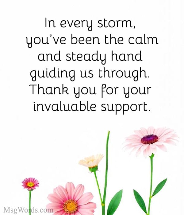 In every storm, you’ve been the calm and steady hand guiding us through. Thank you for your invaluable support.
