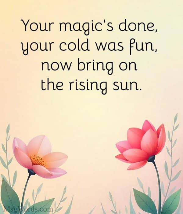Your magic’s done, your cold was fun, now bring on the rising sun.