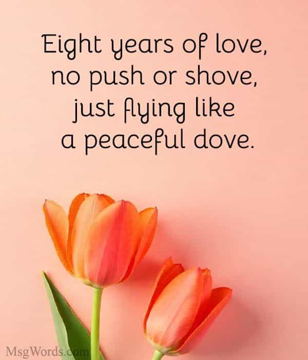 Eight years of love, no push or shove, just flying like a peaceful dove.