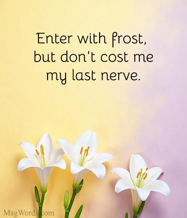 Enter with frost, but don’t cost me my last nerve.