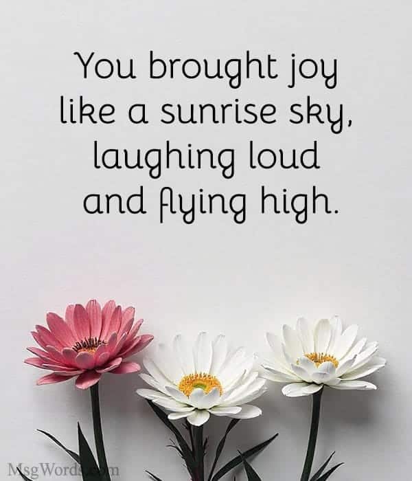You brought joy like a sunrise sky, laughing loud and flying high.