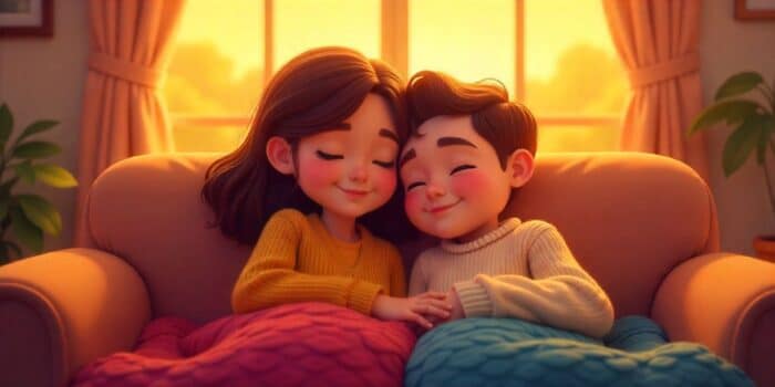 A couple sharing a sweet moment on a couch with soft expressions of affection.