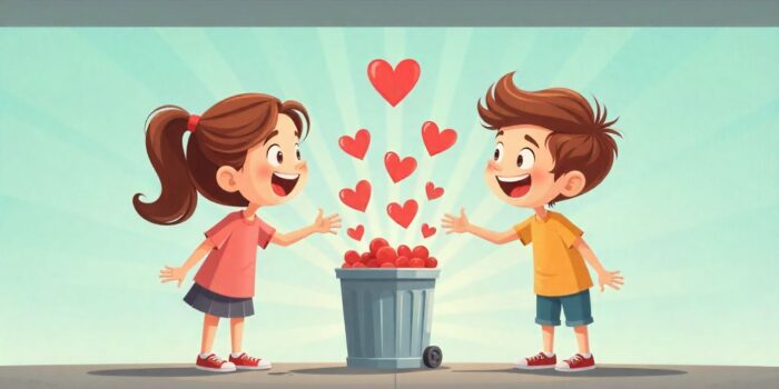 Friends jokingly tossing paper hearts into a trash bin while laughing.