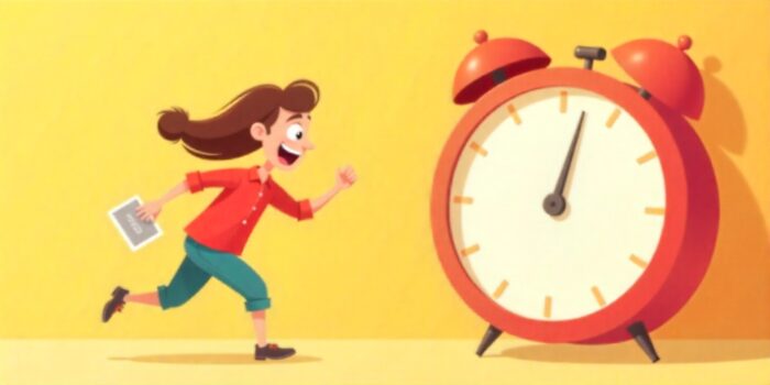 A person hurrying with a card toward someone while a large clock behind them highlights being.