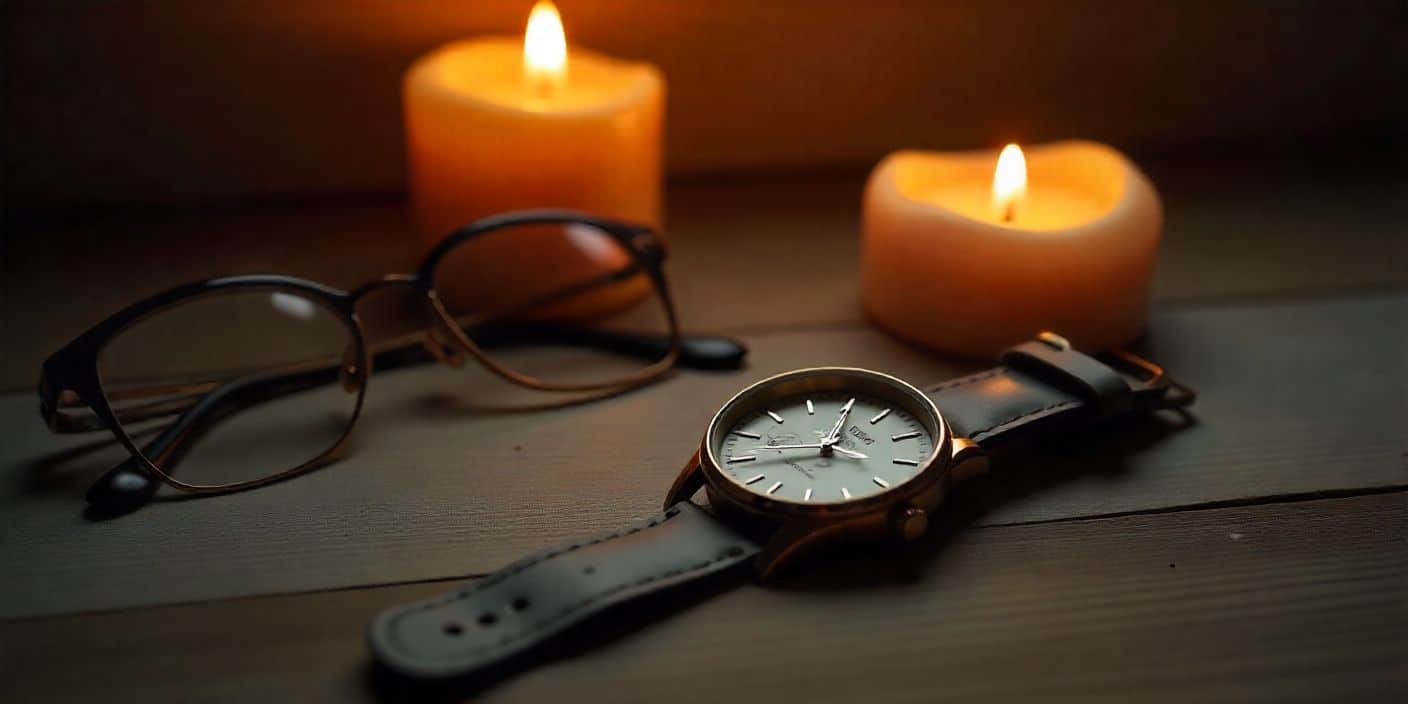 Candle beside watch and glasses representing a father-in-law’s memory.