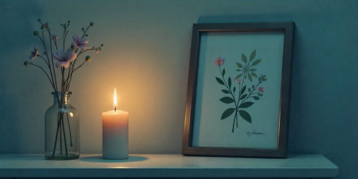 Candle beside a symbolic frame representing remembrance of a mother-in-law.