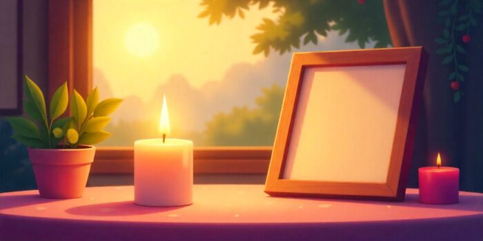 A candle glowing beside a framed photo in a calm, comforting atmosphere.