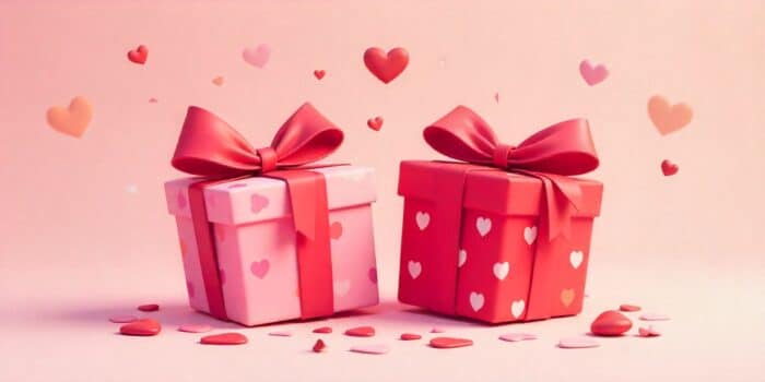 Two small Valentine gifts surrounded by heart confetti.
