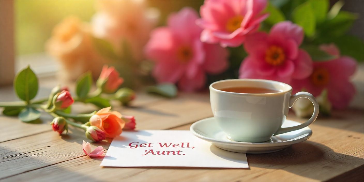 Comforting get well soon card scene for aunt surrounded by warm home details.