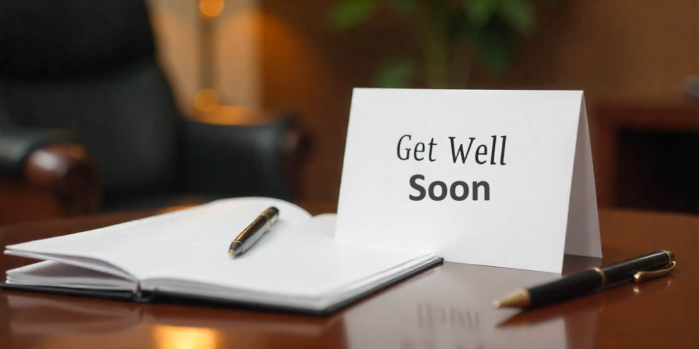Professional get well soon card arrangement for boss in refined office setting.