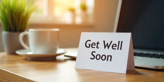 Office-themed get well soon card setup for coworker with warm, professional tone.