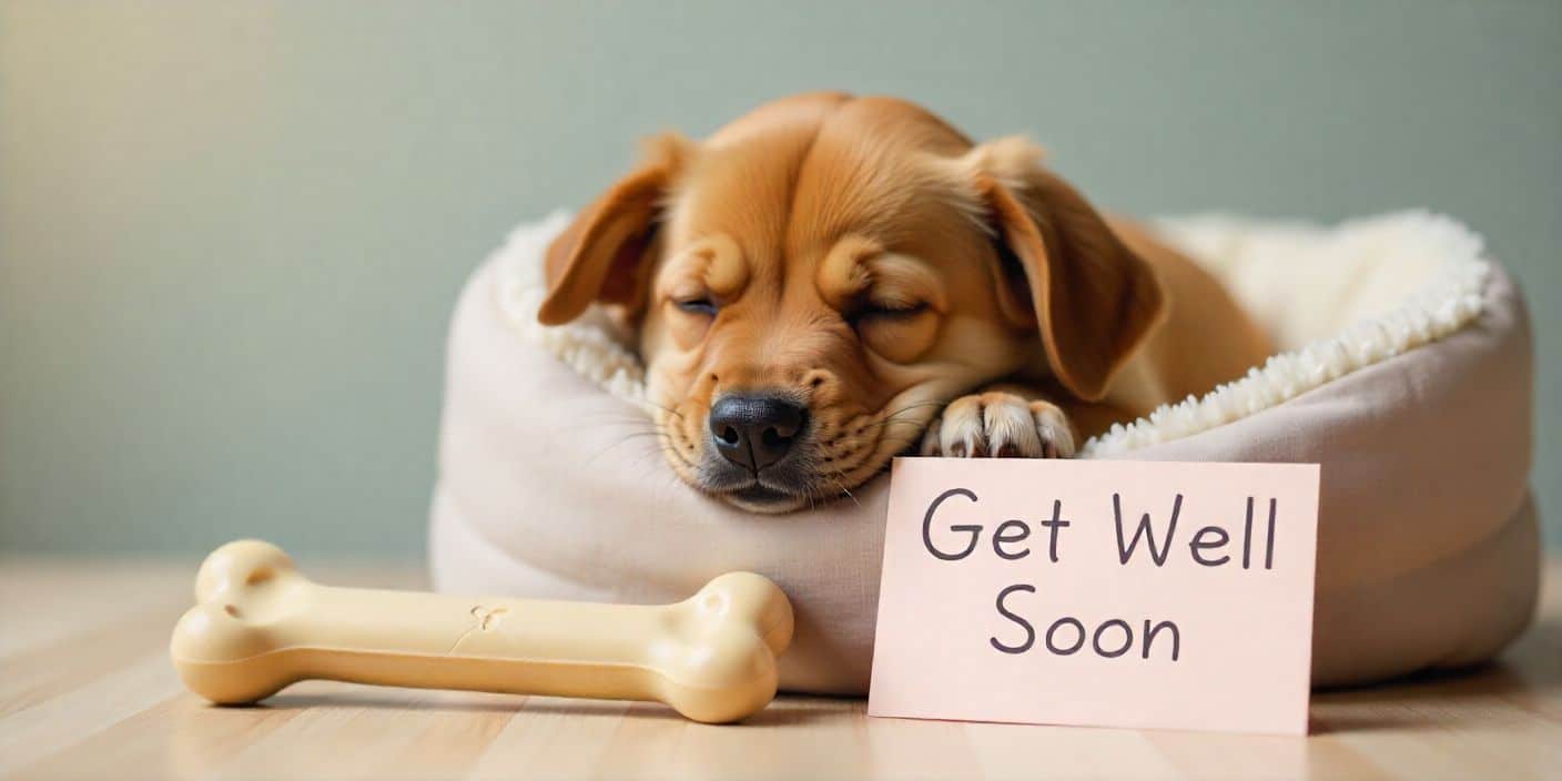 Cute dog recovery scene with get well soon card expressing love for a pet.