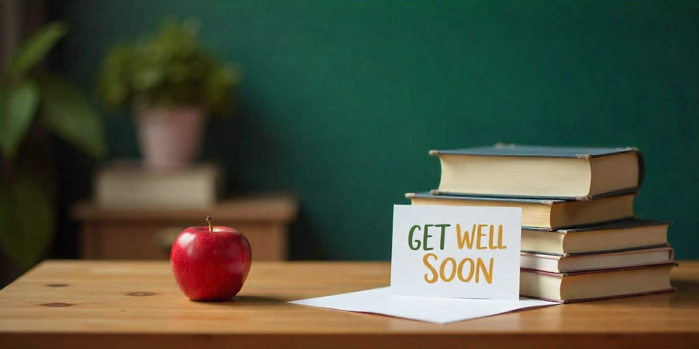 Classroom-themed get well soon message setup for teacher with academic elements.