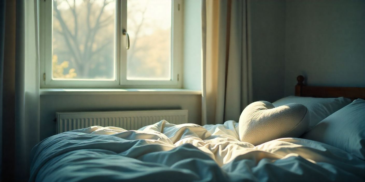 Sunlight shining on a cozy bed with a heart pillow.