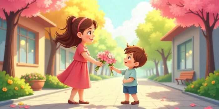 A child giving flowers to a smiling mother on a sunny morning.