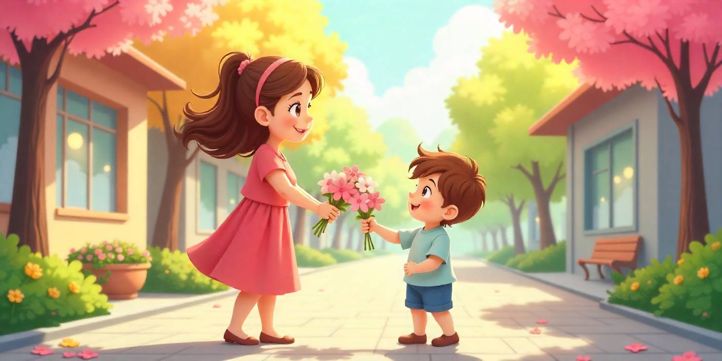 A child giving flowers to a smiling mother on a sunny morning.