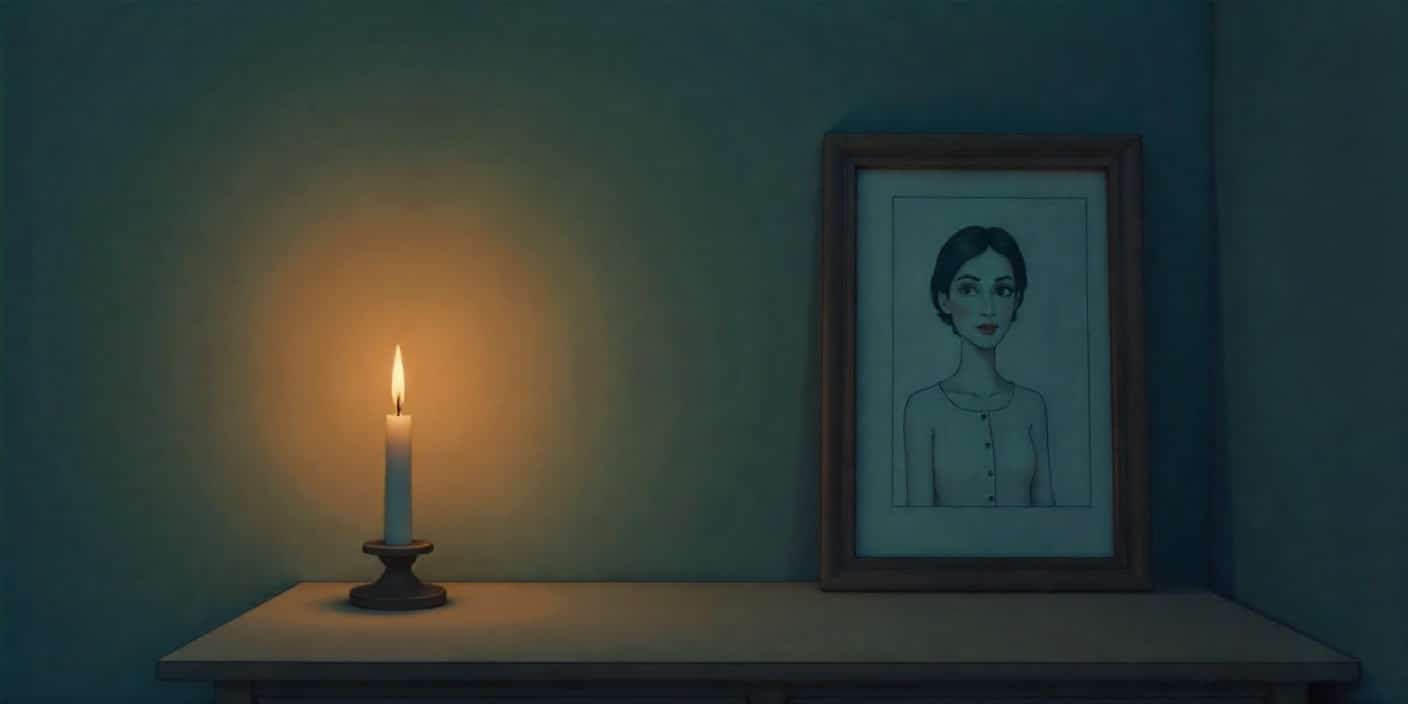 A softly glowing candle next to a family photo representing sympathy, remembrance, and support.