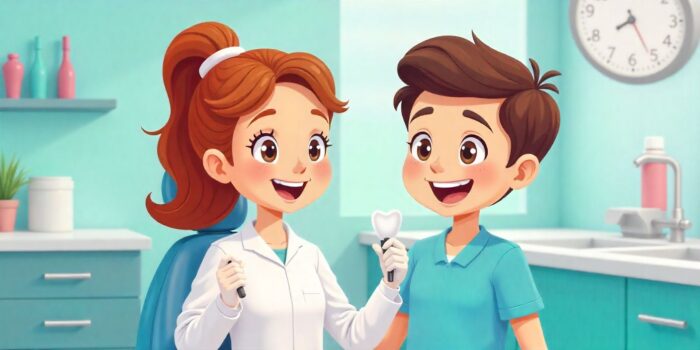 A friendly tooth character beside neatly arranged dental tools.